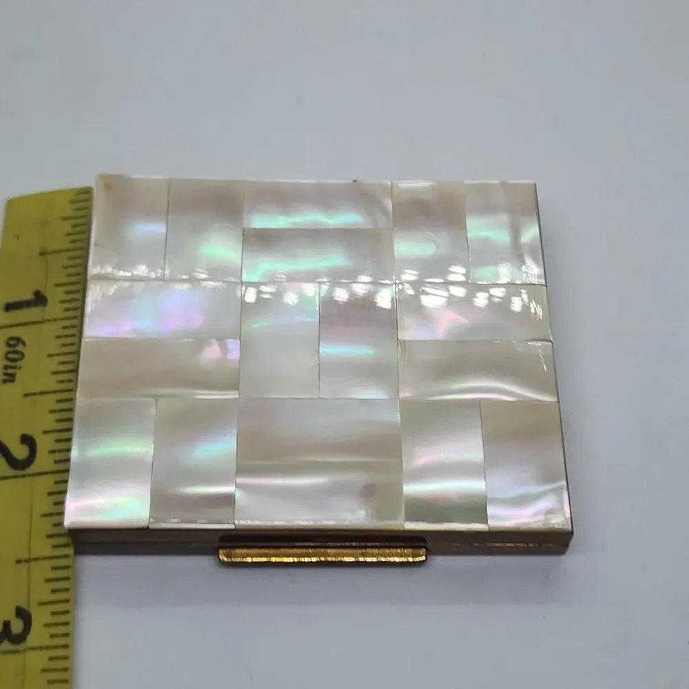 Vintage Mother of Pearl Inlay Powder Compact Basket Weave Gold Tone Mirror